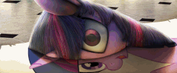 Size: 1261x524 | Tagged: safe, artist:chryseum, artist:equum_amici, twilight sparkle, pony, unicorn, g4, animated, cinemagraph, eye shimmer, female, fourth wall, looking at you, mare, mind screw, nightmare fuel, on side, open mouth, realistic, smiling, solo, surreal, uncanny valley, unicorn twilight, what has magic done, wide eyes