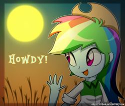 Size: 2000x1700 | Tagged: safe, artist:graytyphoon, applejack, rainbow dash, equestria girls, g4, ashleigh ball, clothes, clothes swap, cowboy hat, female, hat, howdy, open mouth, signature, solo, stetson, sun, voice actor joke