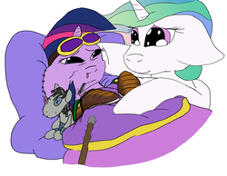 Size: 1280x992 | Tagged: safe, artist:firefanatic, princess celestia, smarty pants, twilight sparkle, pony, g4, boots, boots of the traveler, caring for the sick, fluffy, flux flu, goggles, goggles of revealing, minecraft, momlestia, sick, snot, thaumcraft, thermometer, wand