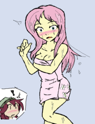 Size: 600x784 | Tagged: safe, artist:nayaasebeleguii, fluttershy, normal norman, equestria girls, background human, blushing, breasts, embarrassed, naked towel, normanshy, towel, wet hair