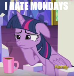 Size: 720x736 | Tagged: safe, edit, edited screencap, screencap, twilight sparkle, alicorn, pony, g4, what about discord?, coffee, coffee mug, cropped, discovery family logo, female, floppy ears, food, frown, i hate mondays, leaning, mare, meme, monday, morning ponies, sleepy, solo, text edit, tired, twilight sparkle (alicorn)