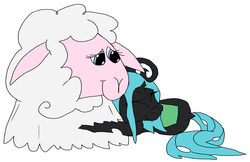 Size: 1280x831 | Tagged: safe, artist:firefanatic, oc, oc only, changeling, nymph, sheep, cuddling, cute, snuggling