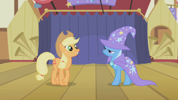 Size: 1280x720 | Tagged: safe, screencap, applejack, trixie, earth pony, pony, unicorn, boast busters, g4, duo, female, looking at each other, mare