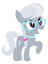 Size: 1936x2592 | Tagged: safe, artist:squipycheetah, silver spoon, earth pony, pony, g4, alternate cutie mark, braid, cute, female, filly, glasses, grin, hair tie, happy, jewelry, necklace, pearl necklace, raised hoof, silverbetes, simple background, smiling, solo, squee, transparent background, vector, watermark