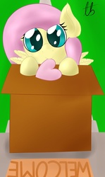 Size: 690x1156 | Tagged: safe, artist:laptopbrony, fluttershy, pony, g4, box, cute, female, flutterbox, heart, looking at you, pony in a box, shyabetes, solo
