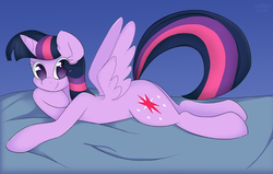 Size: 1200x765 | Tagged: safe, artist:leslers, twilight sparkle, alicorn, pony, g4, bed, female, lying down, mare, prone, solo, spread wings, twilight sparkle (alicorn)