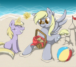 Size: 1000x880 | Tagged: safe, artist:radioactive-k, derpy hooves, dinky hooves, pegasus, pony, unicorn, g4, beach, cute, derpabetes, dinkabetes, duo, equestria's best mother, female, filly, food, mare, mother and daughter, muffin