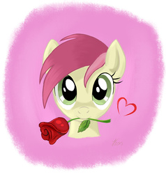 Size: 953x1000 | Tagged: safe, artist:kasaler, roseluck, g4, bust, cute, female, flower, flower in mouth, heart, looking at you, mouth hold, rose, solo