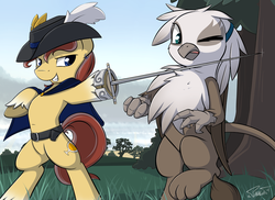 Size: 900x656 | Tagged: safe, artist:theparagon, oc, oc only, oc:calvados, griffon, cape, clothes, foil, hoof hold, rapier, sword, weapon