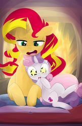 Size: 3300x5100 | Tagged: safe, artist:kryptchild, sunset shimmer, sweetie belle, pony, unicorn, g4, absurd resolution, book, cutie mark, duo, female, filly, fireplace, friendshipping, pillow, prone, reading, starry eyes, the cmc's cutie marks, wingding eyes