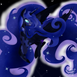 Size: 1280x1280 | Tagged: safe, artist:sakya-chan, nightmare moon, princess luna, alicorn, pony, g4, smiling, solo, transformation