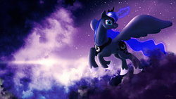 Size: 3000x1687 | Tagged: safe, artist:skribbler84, princess luna, alicorn, pony, g4, cloud, female, flying, magic, sky, smiling, solo, spread wings, stars, twilight (astronomy)