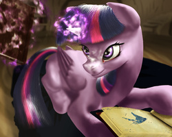 Size: 1594x1275 | Tagged: safe, artist:skribbler84, twilight sparkle, alicorn, pony, g4, book, female, magic, mare, prone, solo, telekinesis, twilight sparkle (alicorn)