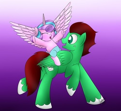 Size: 932x857 | Tagged: safe, artist:northlights8, princess flurry heart, oc, oc:northern haste, g4, season 6, flurry heart riding northern haste, ponies riding ponies, request, riding, riding a pony, spread wings
