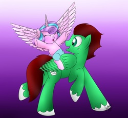 Size: 932x857 | Tagged: safe, artist:northlights8, princess flurry heart, oc, oc:northern haste, g4, my little pony: friendship is magic, season 6, ponies riding ponies, request, riding, riding a pony, spread wings