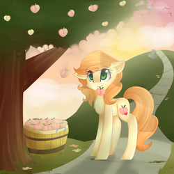 Size: 3700x3700 | Tagged: safe, artist:kurochhi, oc, oc only, food, herbivore, high res, peach, solo, sunset, tree