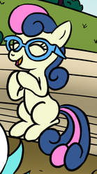 Size: 258x464 | Tagged: safe, artist:theponypretender, edit, bon bon, sweetie drops, g4, adorabon, bench, bon bon is amused, clapping, cropped, cute, female, filly, glasses, solo, twisted bon bon, yay