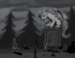 Size: 800x623 | Tagged: safe, artist:sensko, fluttershy, bat pony, pony, g4, chosen undead, crossover, dark souls, elite knight set, flutterbat, giant pony, grave, great grey wolf sif, missing cutie mark, monochrome, sad, sword, the chosen undead, this will end in tears and/or death, weapon