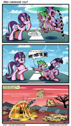 Size: 1280x2264 | Tagged: dead source, safe, artist:gray--day, spike, starlight glimmer, twilight sparkle, alicorn, dragon, pony, unicorn, g4, the cutie re-mark, :t, abuse, alternate timeline, angry, comic, confused, crying, crylight sparkle, dialogue, eyes closed, fangs, female, fluffy, food, food monster, frown, glare, gritted teeth, horn, mare, monster, mouth, newspaper, open mouth, pointing, pure unfiltered evil, quesadilla, quesadilla monster, quiver, raised eyebrow, scrunchy face, shivering, teeth, the day of the triffids, they're just so cheesy, traumatized, trembling, turophobia, twilight sparkle (alicorn), twilybuse, wat, wide eyes, xk-class end-of-the-world scenario