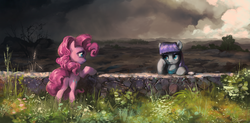 Size: 2191x1080 | Tagged: safe, artist:huussii, maud pie, pinkie pie, earth pony, pony, g4, dark, duality, duo, duo female, female, sad, sisters, wall