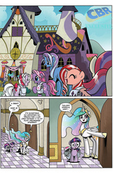 Size: 900x1384 | Tagged: safe, artist:brenda hickey, idw, moondancer, powder, princess celestia, professor inkwell, skyflier, smarty pants, starsong, twilight sparkle, alicorn, pony, unicorn, g1, g4, spoiler:comic, spoiler:comic40, background pony, backpack, bag, bow, comic, eyes closed, female, filly, g1 to g4, generation leap, happy, mare, open mouth, preview, princess celestia's school for gifted unicorns, raised hoof, saddle bag, tail bow, unnamed character, unnamed pony