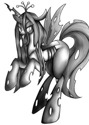 Size: 1024x1450 | Tagged: safe, artist:doubt, queen chrysalis, changeling, changeling queen, g4, crown, female, grayscale, jewelry, monochrome, regalia