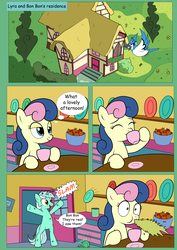 Size: 2480x3508 | Tagged: safe, artist:theponypretender, bon bon, lyra heartstrings, sweetie drops, bird, earth pony, pony, unicorn, comic:a lyrabon adventure, g4, apple, bipedal, comic, food, high res, house, scared, spit take, tea