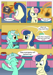 Size: 2893x4092 | Tagged: safe, artist:theponypretender, bon bon, lyra heartstrings, sweetie drops, comic:a lyrabon adventure, g4, apple, bomb, comic, food, gun, hat, pirate hat, sword, weapon