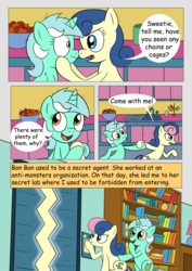 Size: 2893x4092 | Tagged: safe, artist:theponypretender, bon bon, lyra heartstrings, sweetie drops, comic:a lyrabon adventure, g4, apple, book, comic, food, laboratory, secret agent sweetie drops