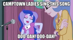 Size: 823x450 | Tagged: safe, edit, screencap, princess celestia, princess luna, principal celestia, vice principal luna, equestria girls, g4, my little pony equestria girls: friendship games, camptown races, dancing, image macro, meme, open mouth, smiling, song reference