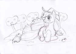 Size: 855x612 | Tagged: safe, artist:trunksi, applejack, g4, apple, apple orchard, female, food, monochrome, orchard, prone, sketch, solo, sweet apple acres