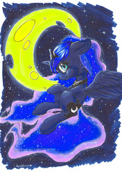 Size: 1644x2336 | Tagged: safe, artist:bertthefrenchunicorn, princess luna, g4, edible heavenly object, female, flying, moon, nom, solo, space, tangible heavenly object, traditional art