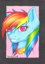 Size: 1169x1650 | Tagged: safe, artist:bertthefrenchunicorn, rainbow dash, g4, element of loyalty, female, grin, portrait, solo, traditional art