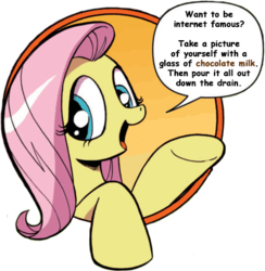 Size: 421x431 | Tagged: safe, idw, fluttershy, pegasus, pony, friendship is magic #3, g4, my little pony: friendship is magic (idw), bad advice fluttershy, chocolate, chocolate milk, comic sans, dialogue, everything is ruined, exploitable meme, female, food, mare, meme, milk, open mouth, pure unfiltered evil, smiling, solo, spilled milk