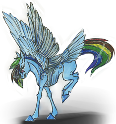Size: 924x989 | Tagged: safe, artist:sunny way, rainbow dash, rcf community, g4, alternate timeline, amputee, apocalypse dash, augmented, bucking, crystal war timeline, emaciated, female, prosthetic limb, prosthetic wing, prosthetics, skinny, solo, starving, tail feathers, thin, unshorn fetlocks