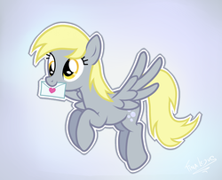 Size: 1600x1300 | Tagged: safe, artist:tina-de-love, derpy hooves, pegasus, pony, g4, female, flying, letter, mare, mouth hold, solo