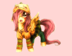 Size: 856x671 | Tagged: safe, artist:buttersprinkle, fluttershy, g4, clothes, cute, female, fiesta online, hat, jacket, leggings, looking up, rpg, shyabetes, simple background, skirt, solo, traditional art, younger