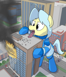 Size: 2285x2661 | Tagged: safe, artist:rapidstrike, oc, oc only, oc:ultramare, pony, building, city, fetish, fire, giant pony, high res, loss (meme), macro, mouthplay, open mouth, rescue, solo, tongue out, vore