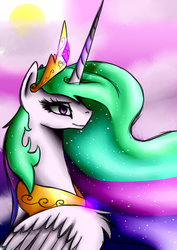 Size: 2507x3541 | Tagged: safe, artist:minelvi, princess celestia, alicorn, pony, g4, bust, female, high res, mare, peytral, portrait, solo, sun