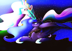 Size: 4000x2828 | Tagged: safe, artist:minelvi, princess celestia, princess luna, alicorn, pony, g4, eyes closed, female, glowing horn, horn, magic, mare, night, open mouth, peytral, prone, spread wings, stars