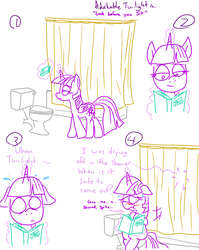 Size: 1280x1611 | Tagged: safe, artist:adorkabletwilightandfriends, spike, twilight sparkle, alicorn, dragon, pony, comic:adorkable twilight and friends, g4, adorkable twilight, bathroom, book, comic, curtains, female, floppy ears, glowing, glowing horn, horn, implied pooping, lineart, magic, magic aura, mare, shower, showering, sitting on toilet, sketch, slice of life, telekinesis, toilet, toilet humor, twilight sparkle (alicorn)