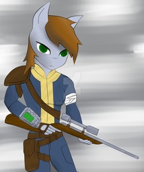 Size: 1280x1522 | Tagged: safe, artist:ashrie20, oc, oc only, oc:littlepip, unicorn, anthro, fallout equestria, abstract background, bandage, clothes, crossover, fallout, fanfic, fanfic art, female, gun, horn, jumpsuit, mare, optical sight, pipbuck, rifle, scope, solo, vault suit, weapon