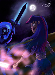 Size: 1024x1408 | Tagged: safe, artist:ringteam, nightmare moon, twilight sparkle, human, g4, armor, clothes, confrontation, humanized, injured, mare in the moon, midriff, moon, sword, torn clothes, weapon, windswept mane
