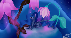 Size: 1024x552 | Tagged: safe, artist:luna-republic1, princess luna, g4, eyes closed, female, prone, solo