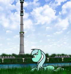 Size: 5724x6000 | Tagged: safe, artist:subway777, lyra heartstrings, pony, unicorn, g4, absurd resolution, female, grass, monorail, moscow, ostankino tower, pond, prone, railroad, russia, smiling, solo, tower, train