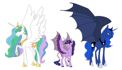 Size: 4750x2750 | Tagged: safe, artist:phobicalbino, princess celestia, princess luna, twilight sparkle, alicorn, bat pony, bat pony alicorn, classical unicorn, pony, g4, alicorn triarchy, bat ponified, bat wings, crown, curved horn, fangs, fit, headcanon, height difference, hoof shoes, horn, hybrid wings, jewelry, lanky, leonine tail, lunabat, peytral, physique difference, princess shoes, race swap, regalia, simple background, skinny, slender, spread wings, sternocleidomastoid, thin, thin legs, trio, twilight sparkle (alicorn), unshorn fetlocks, white background, wings