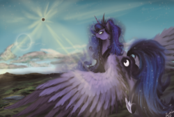 Size: 2924x1960 | Tagged: safe, artist:vinicius040598, princess luna, g4, cloud, crepuscular rays, eclipse, female, flying, moon, solo
