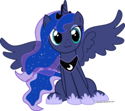 Size: 6000x5311 | Tagged: safe, artist:arifproject, princess luna, pony, g4, :3, absurd resolution, cute, female, lunabetes, meme, simple background, sitting, sitting catface meme, solo, spread wings, transparent background