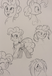 Size: 2000x2960 | Tagged: safe, artist:ncmares, pinkie pie, g4, clothes, female, grayscale, high res, hoodie, messy mane, monochrome, sketch, sketch dump, socks, solo
