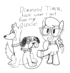 Size: 995x1036 | Tagged: safe, artist:pepsi twist, silver spoon, dog, orthros, g4, drawing, female, filly, implied diamond tiara, leash, monochrome, multiple heads, offscreen character, puppy, two heads